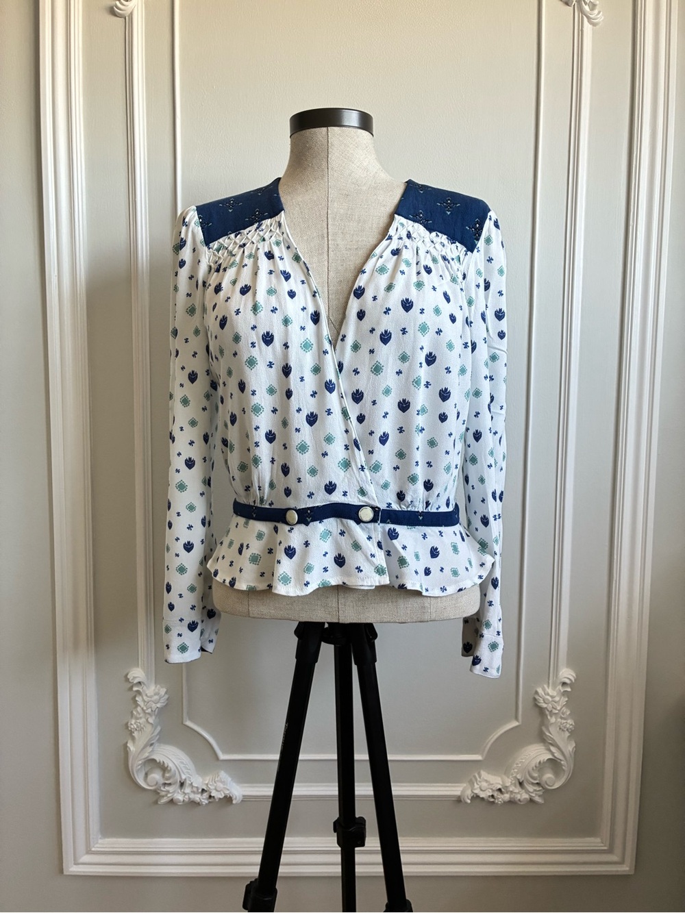 Free People White Printed Wrap Blouse with Navy Accents